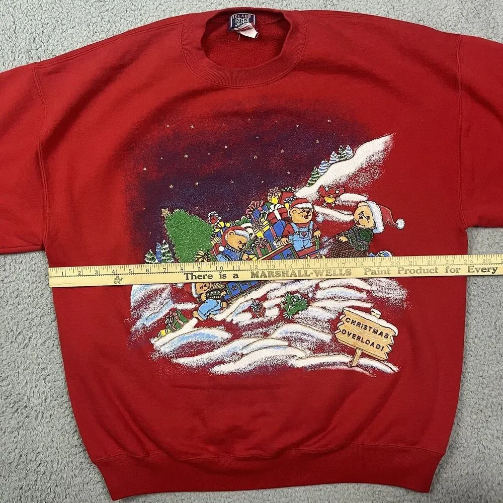 Vintage Christmas Overload Sweater Little Bear‎ Sleigh Gifts Red Sweatshirt 90s